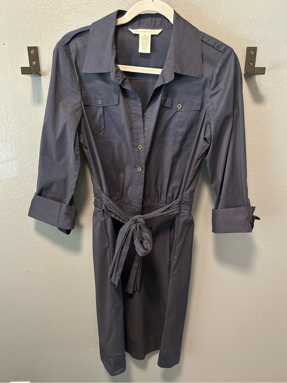Diane von Furstenberg (DVF) Button-Front Navy Shirt Dress with Waist Tie